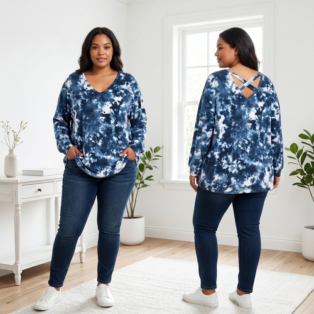 Catherines Womens 3X Blue Tie Dye Velvet Feel Tunic‎ Crisscross Neck 26W 28W